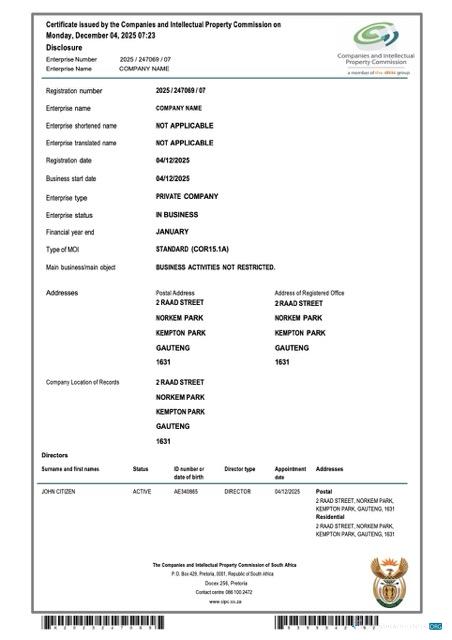 South Africa certificate of company registration Word and PDF template 